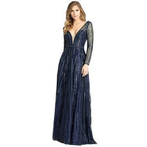 Mac Duggal Sequin Stripe Plunge Neck Long Sleeve A-Line Navy Blue Gown Size 14